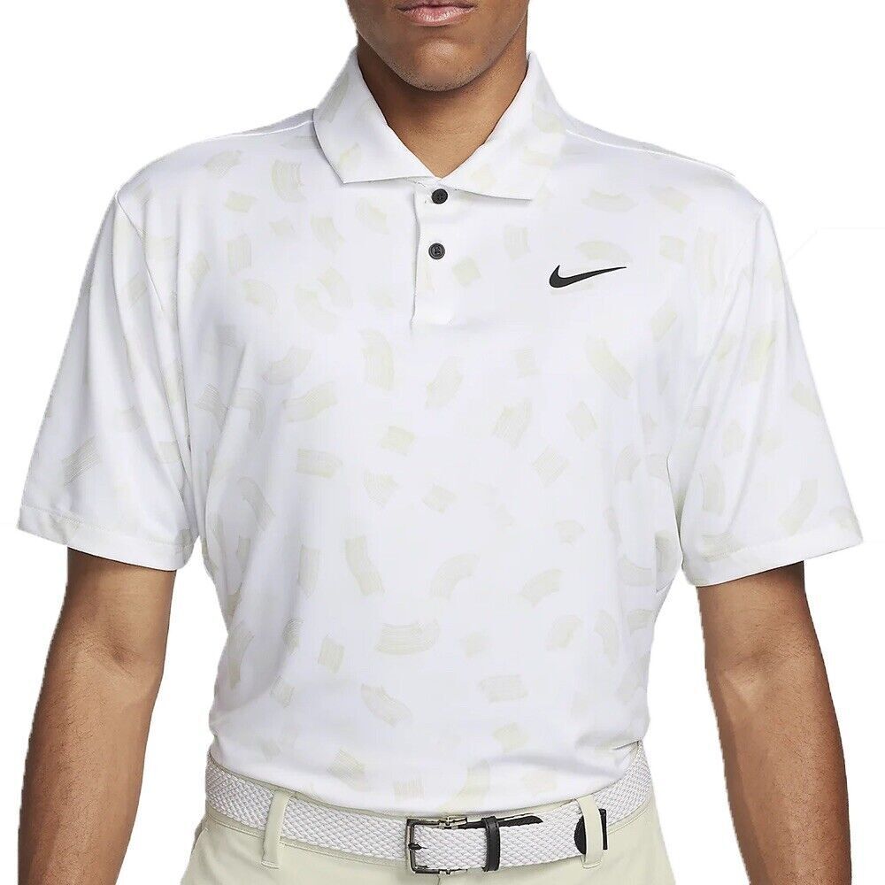 Nike Dri-FIT Tour Men’s Size L-XL Micro Print White Brown Stretch Golf Polo